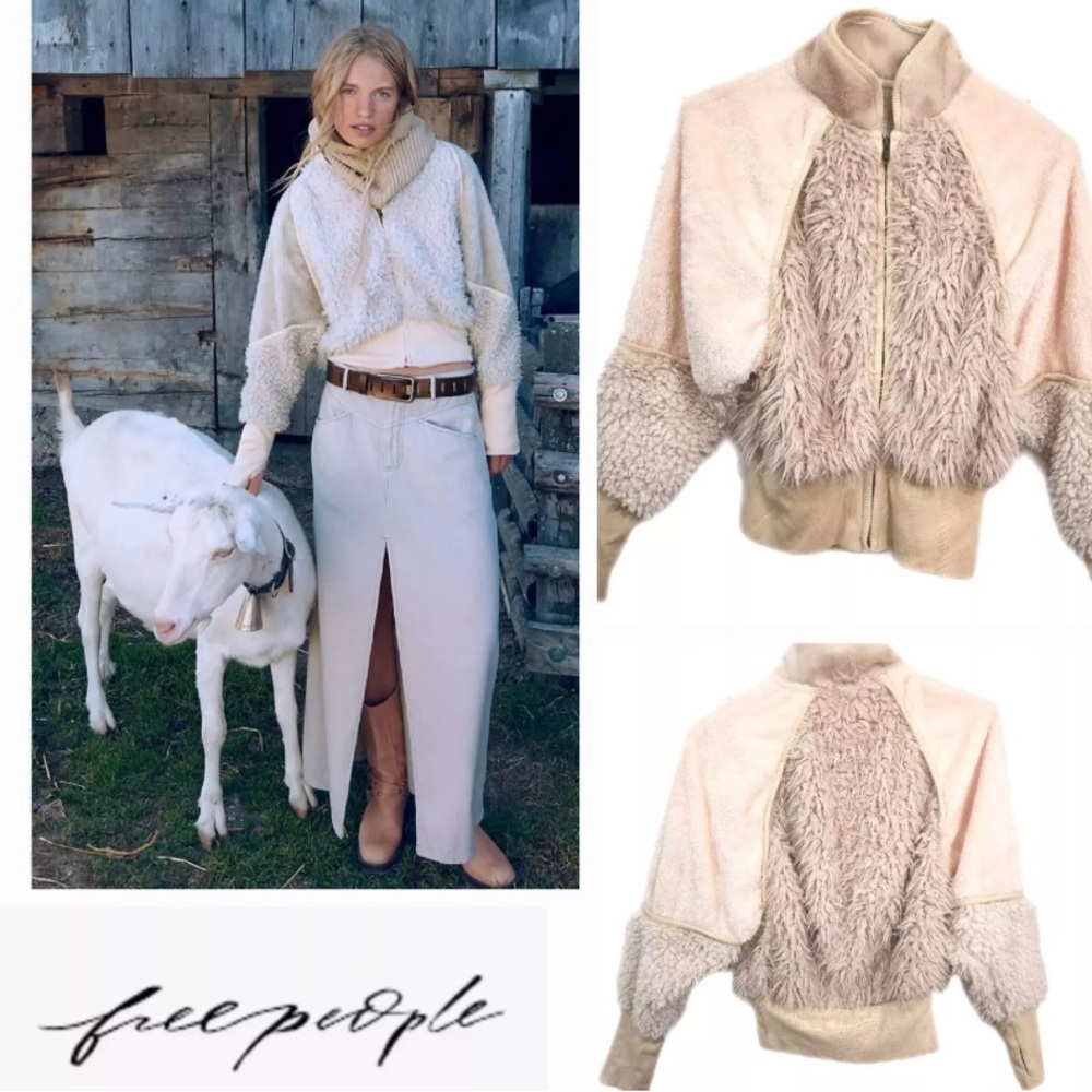 New Free People Aurora Sz XS $168 Jacket Faux Fur Bomber Ivory Zip Thumbhole
